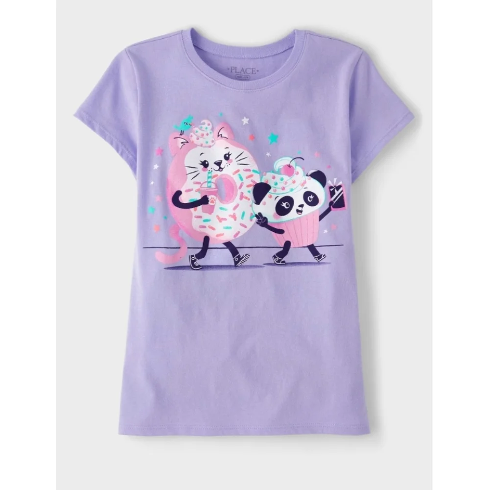 NWT The Children's Place Lavender Tee with Cat and Panda